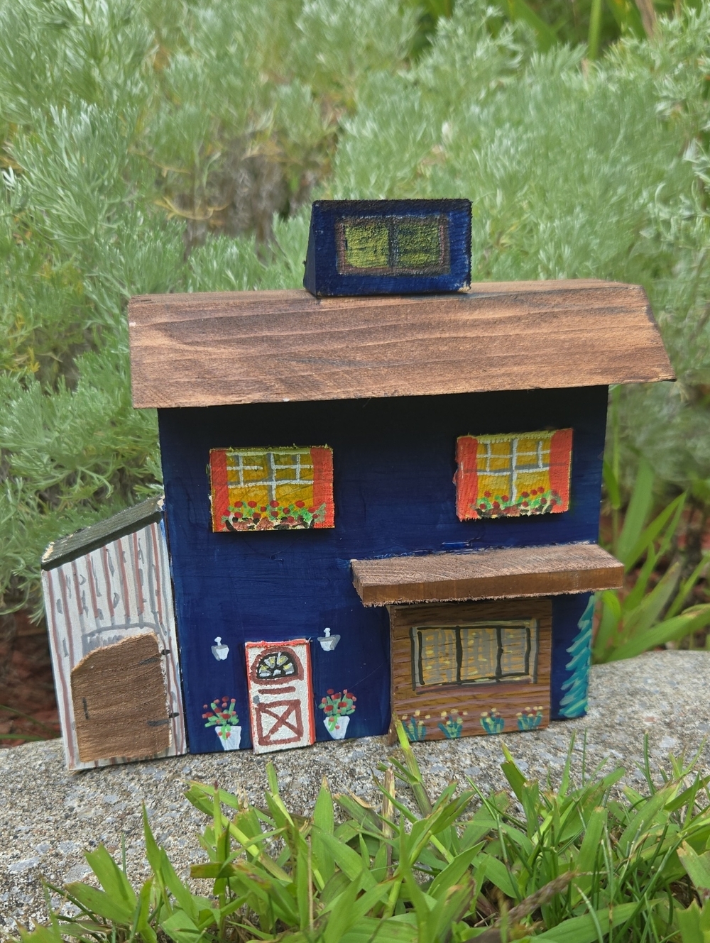 Handcrafted Navy Blue Decorative Wooden House Accent